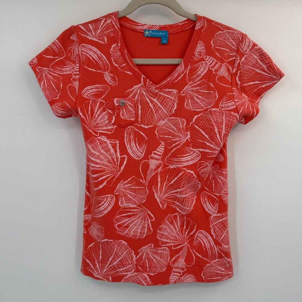 Fresh Produce Coral Orange Seashell Beach Print V-Neck Cotton T-Shirt Small USA